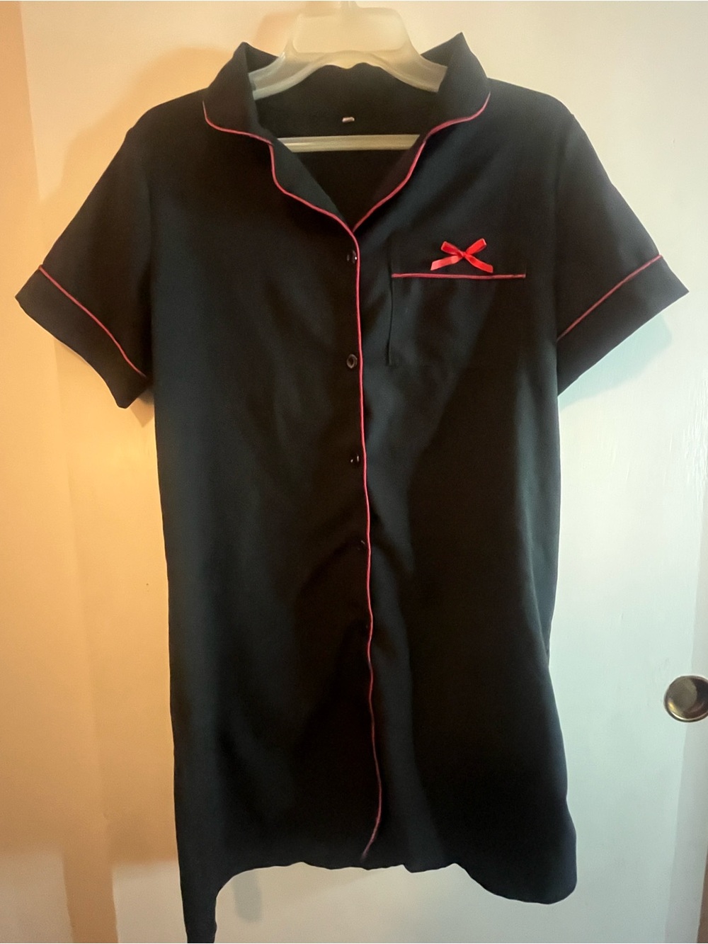 Black Short-Sleeve Sleep Shirt with Red Piping